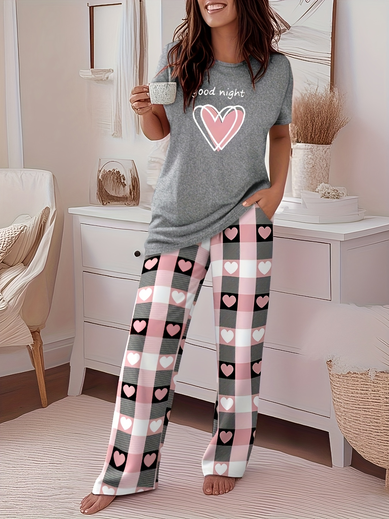 2pcs printed round neck short sleeve set gradient printed loose pants womens summer pajama set breathable   clothing two piece set Product details 12