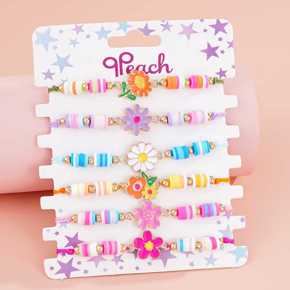 6pcs Colorful Flower Beaded Bracelets Adjustable Drawstring Cute Friendship Bracelets For Girls Kids Fashion Jewelry Birthday Gift For Daughter Granddaughter Niece