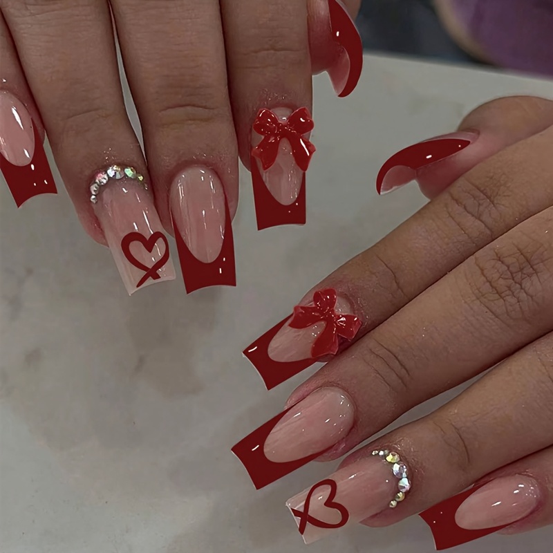 24pcs Wew Pipe-shaped Fake Nails With Red Bow And Suitable For Ladies And To Wear