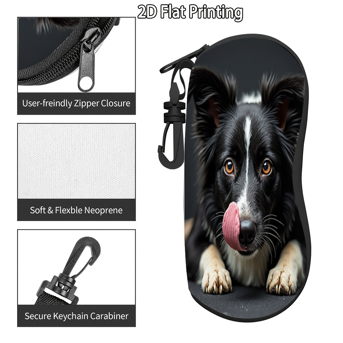 TEMU 1pc Border Collie Glasses Case Suitable For Glasses & Accessories, Portable Travel Eyewear Holder With Hook, Reusable Cover For Fashion Glasses,