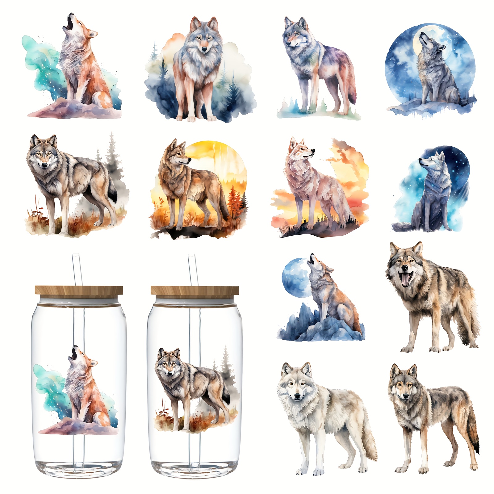 

Wolf- Uv Dtf Set Of 12 - Plastic Adhesive Decals For 16oz , Diy Crafts & Customization