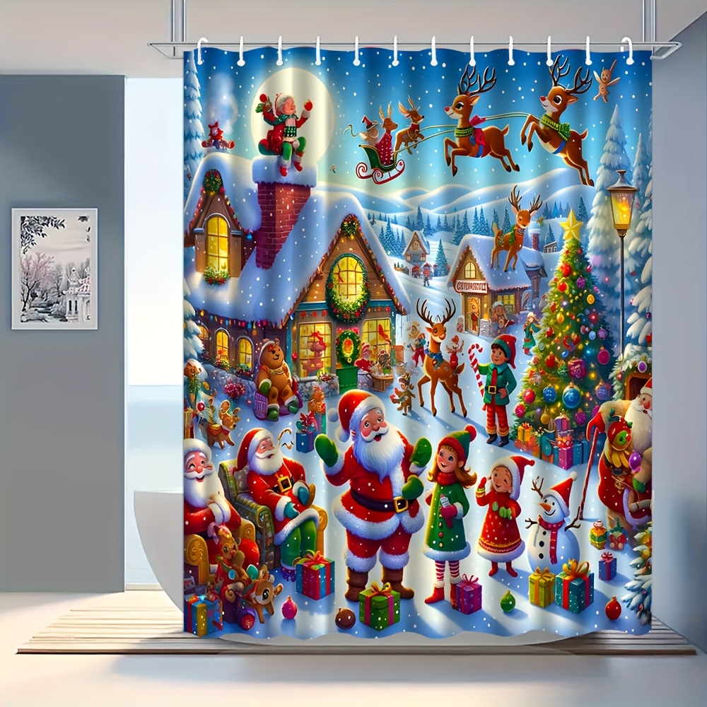 TEMU Christmas Decor Graphic Shower Curtain With Hook, Washable Shower Curtain, Bathroom Partition, Bathroom Additions, Home Decor 2d Flat Printing