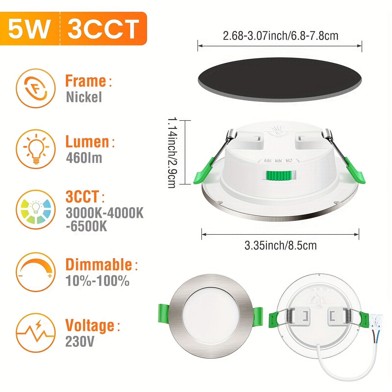 E-shop Set mit 10 ALUSSO Einbauleuchten LED Deckenstrahler mit einem Durchmesser von 68-78 mm, 5 Watt, 230 Volt, dimmbar, erhältlich in Warmweiß bei