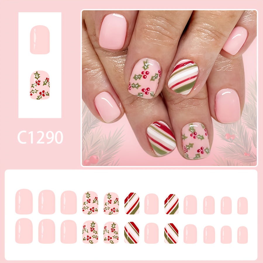 TEMU 24pcs Cute Sweet Short Glossy Square Press-on Nails, Style Christmas Nail Art Pink Irregular Multicolor Stripes With Christmas Fruit Removable