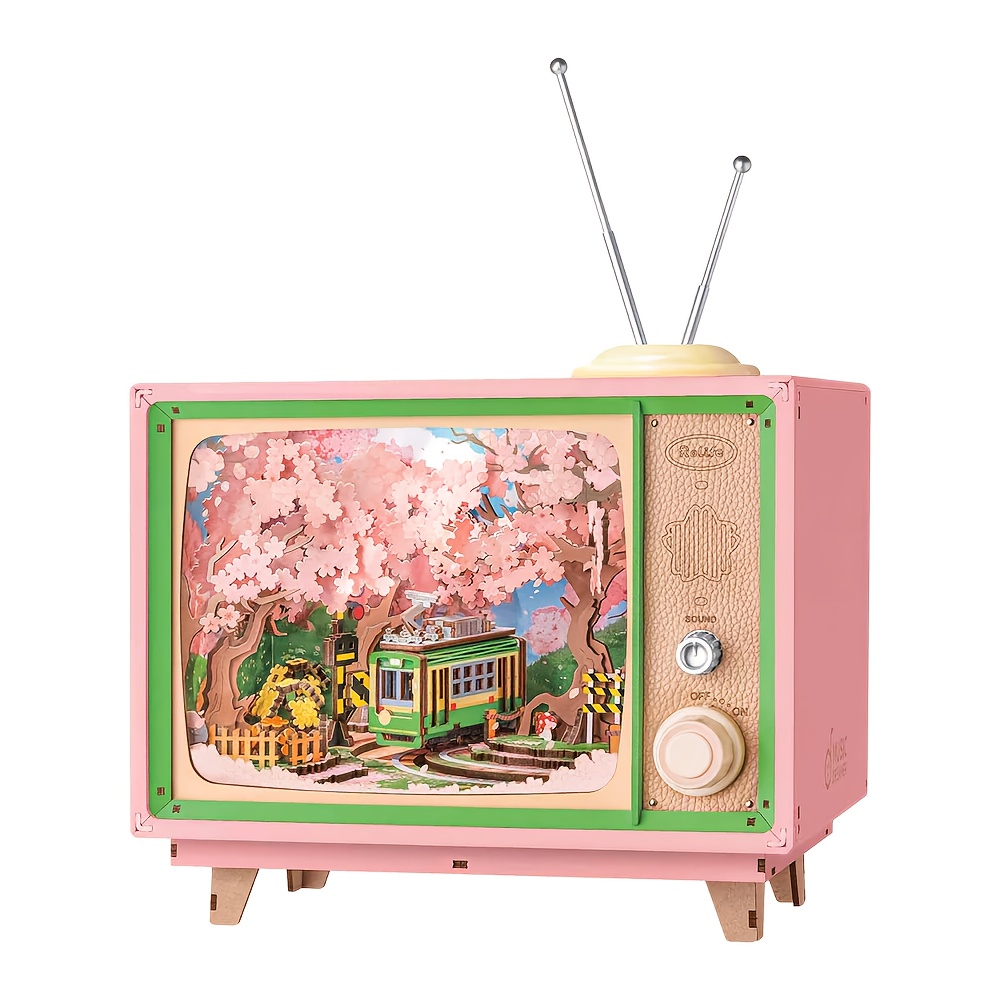 Image of Robotime 3d Wooden Puzzle Diy Book Nook Kit, Japanese Cherry Scene With Melody Function, Tv Shaped Wooden Model, Handcrafted Home Decor, Gift For Craft Lovers (sakura Tour)