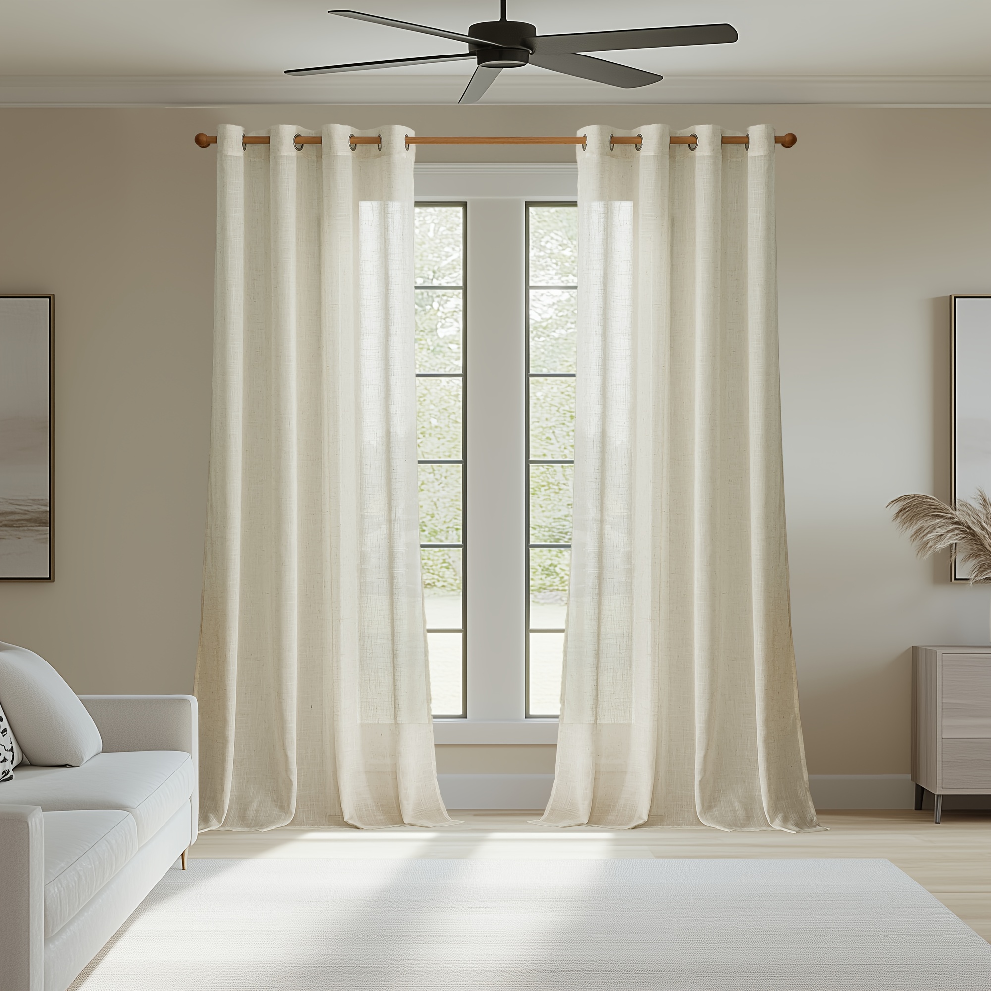Image of 2 Panels - Linen Blend Fabric - Linen Texture Semi-sheer Curtains, Eyelet Curtains For Living Room, Bedroom, And Dining Room, Farmhouse Style, Light Filtering, Privacy Protection