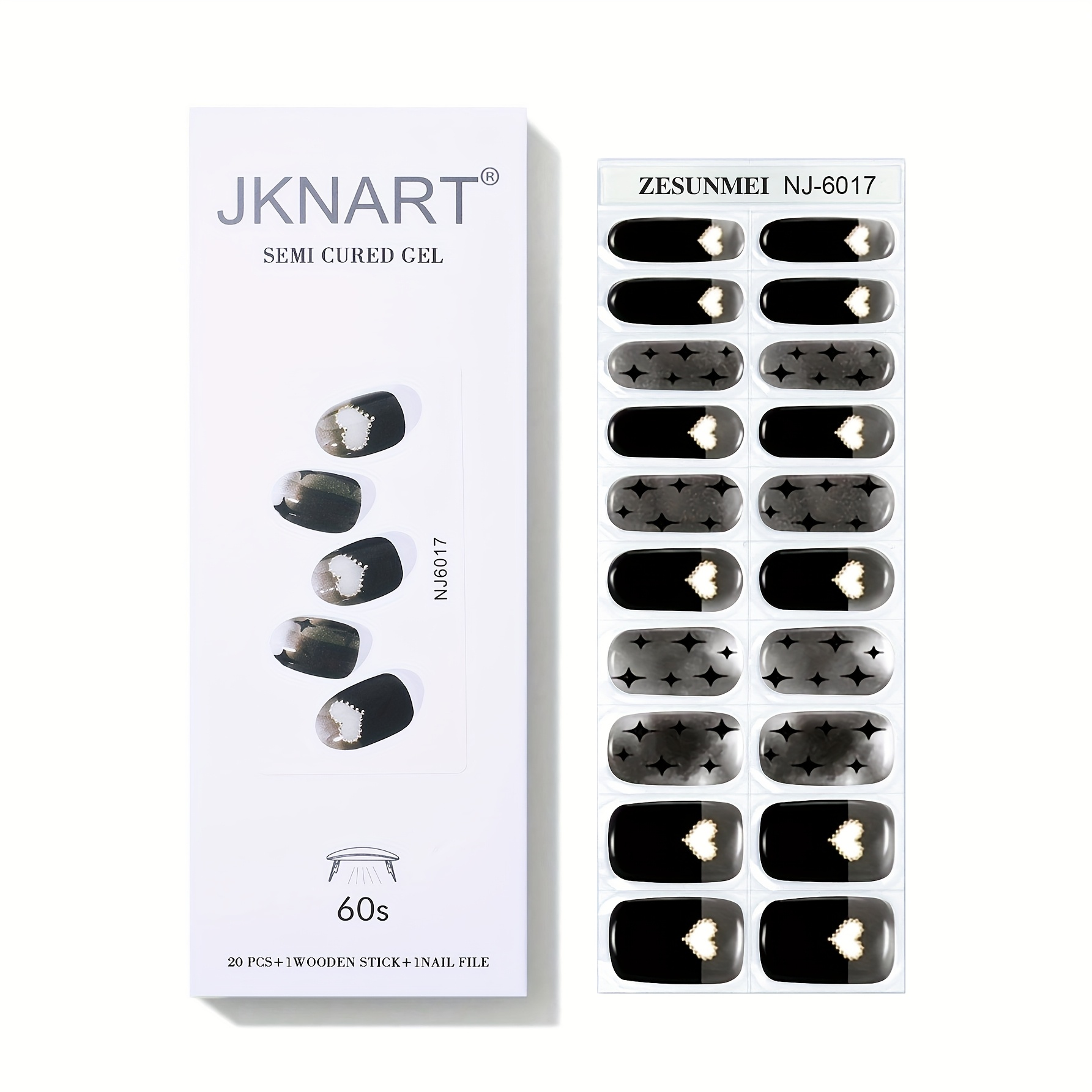 20 Semi-cured Gel Nail Wraps, Black Nail Gel Stickers, Full Cover Semi-baked Nail Stickers, Semi-cured Soft Gel Nail Patches [requires /led Lamp Curing] Art Nail Stickers, Suitable For Women