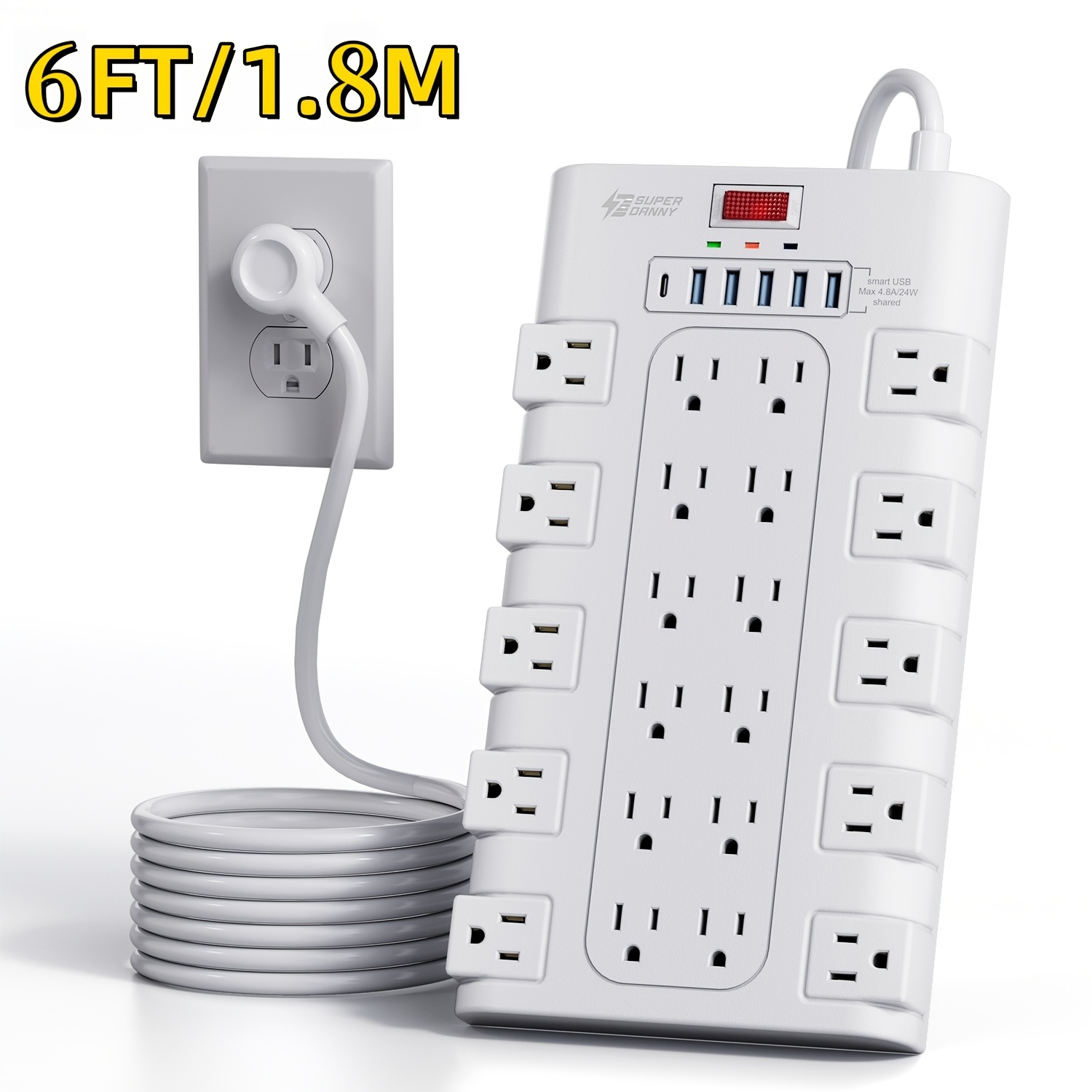 TEMU 22-outlet Flat Plug Power Strip With 6 Usb Ports, 28-in-1 Power Strip With Protection, Control Switch, Spacious Ac Outlets, Flat Plug, 2100 ,