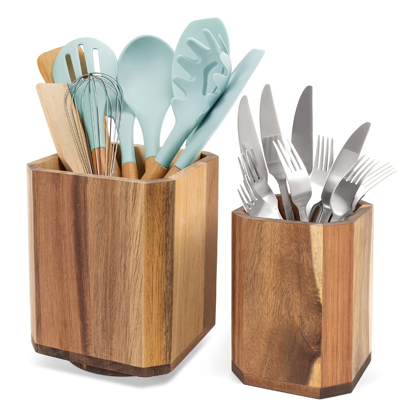 Drehbare Besteckdose aus Akazienholz - Organizer für Küchenmesser, Gabeln, Löffel usw. - Elegantes *-Design mit goldenen Akzenten
