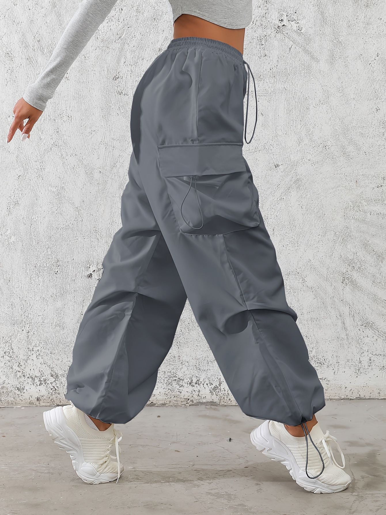 solid color drawstring baggy cargo pants casual flap pocket