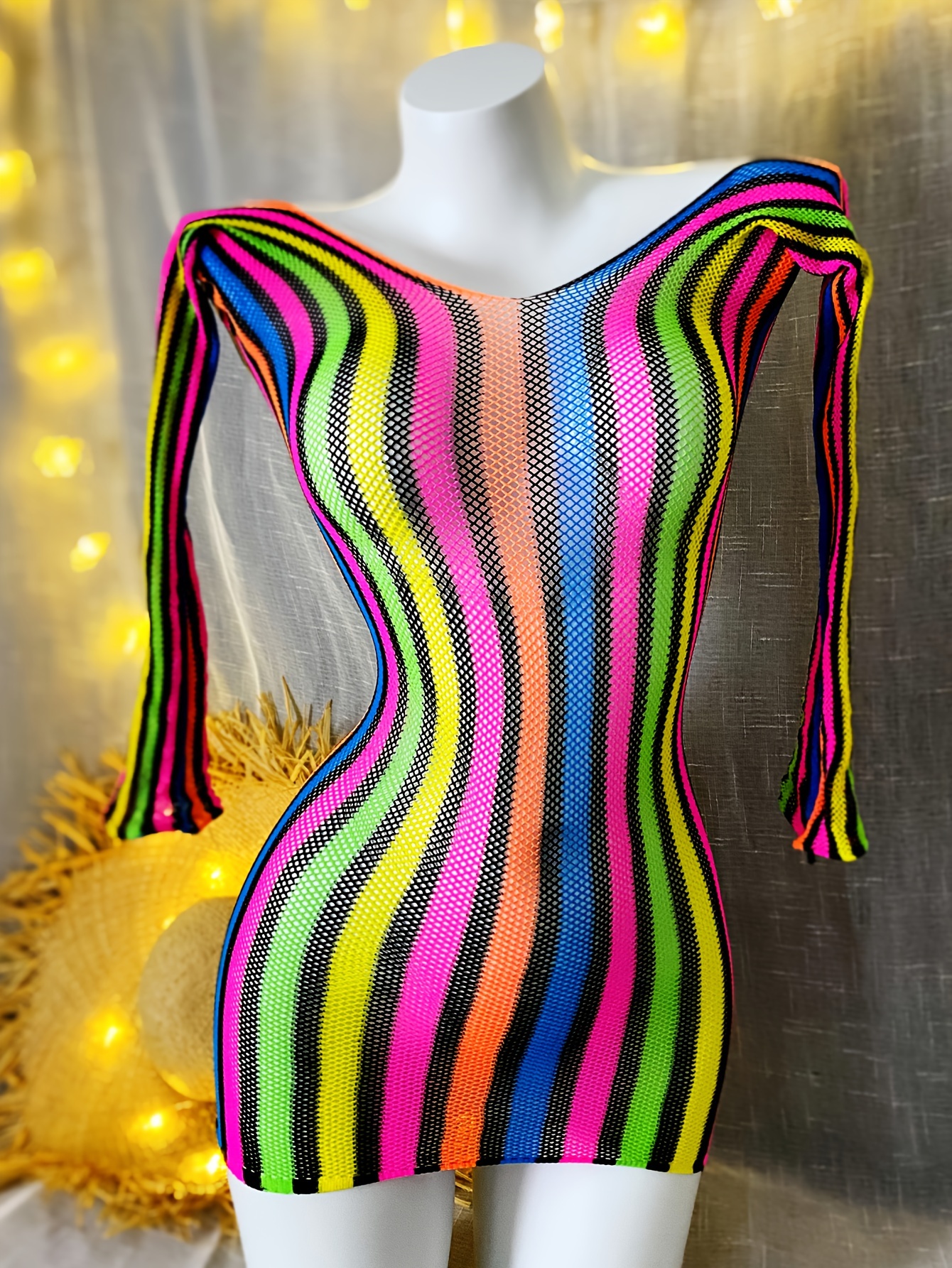 Sensual Hollow-Out Valentine'S Day Women'S Sheer Long-Sleeve Striped  Bodycon Dress Beach Cover-Up for Vacation Music Festival Beach Mesh