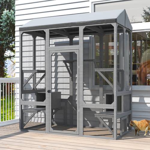 72 inch outdoor cat enclosure large cat house for mulitiple cats walk in cat cage with cover and sunshine panel roof cat shelter with 7 platforms and 2 resting box