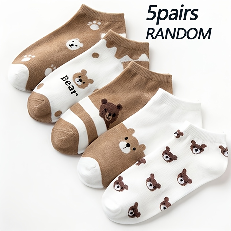 TEMU 5-pair Random Women's Cute Cartoon Ankle Socks - Bear Cartoon Socks With Adorable Brown And White Patterns, Shallow-cut Low- - Daily Streetwear