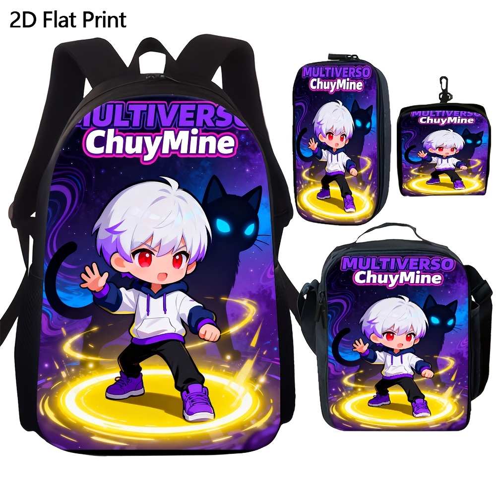 TEMU Juego de 4 piezas de mochila escolar y accesorios ChuyMine con estampado Multivers - , para viajes diarios, correas ajustables, cierre de