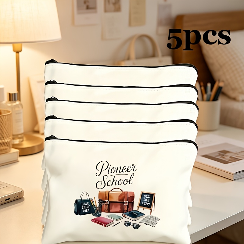 TEMU 5 piezas de bolsas de tocador para mujer con estampado "Pioneer School", bolsas de maquillaje de viaje con cremallera, bolsas de cosméticos de