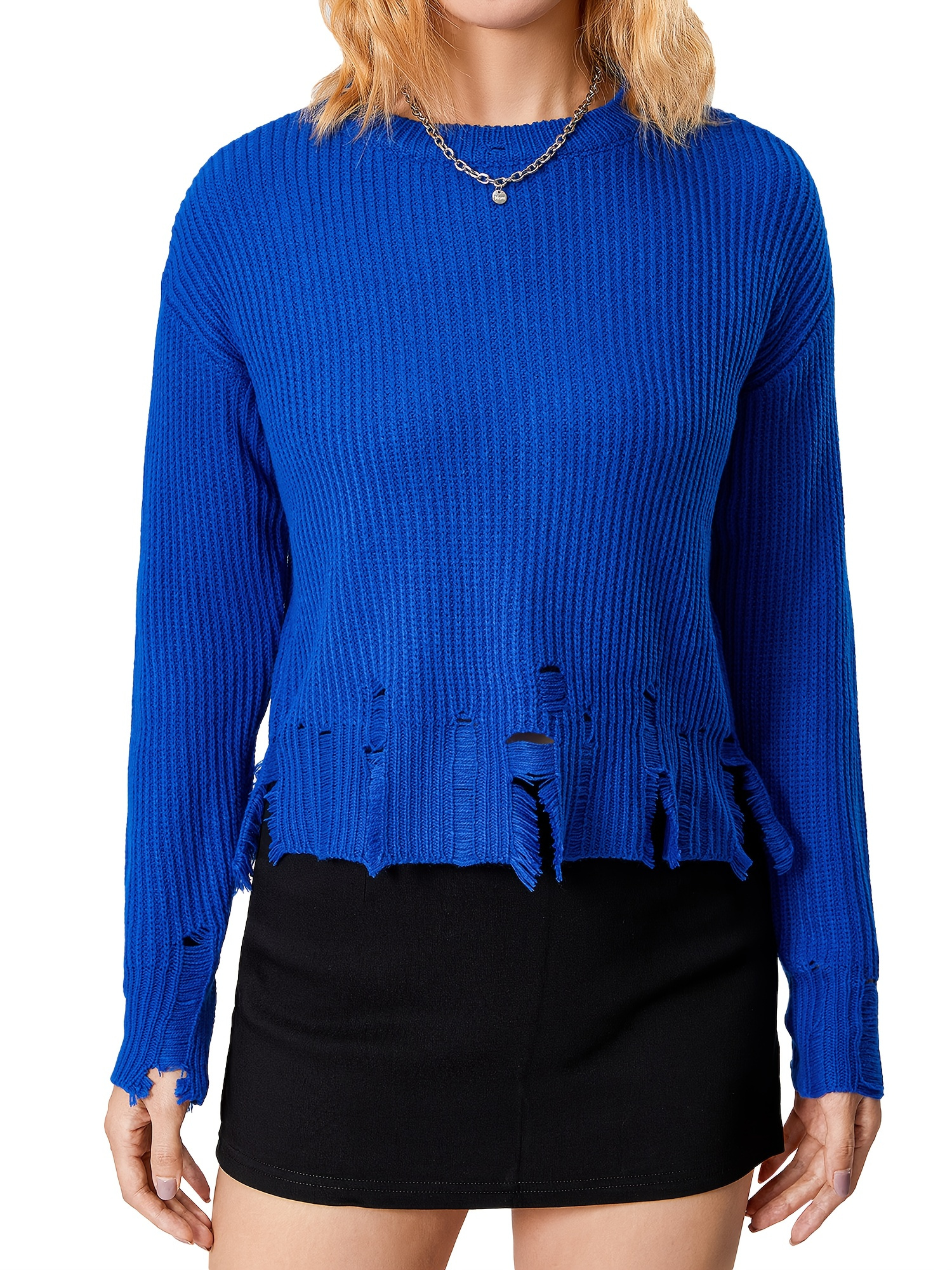 [*] Women's Casual Ripped Knit Sweater Long Sleeve, Round Neck,  High-Stretch Polyester, Solid Color Loose Jumper Top with Frayed Hem Deta