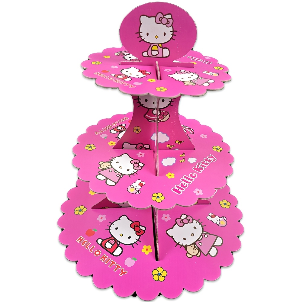 E-shop KT Katzen Party-Ständer 3-stöckig mit bunten Papierdekorationen - Niedliches HELLOKITTY Tischdeko, ideal für Geburtstage, Feiertage,