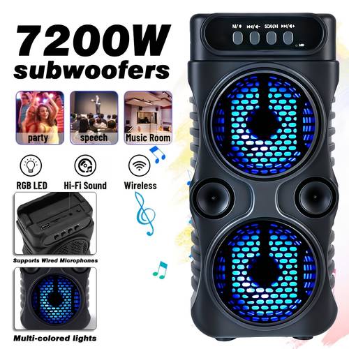 7200w wireless speaker a portable wireless device featuring vibrant lights dual subwoofers fm radio mp3 and with bt tws fm usb aux tf along with a microphone input ideal for home parties