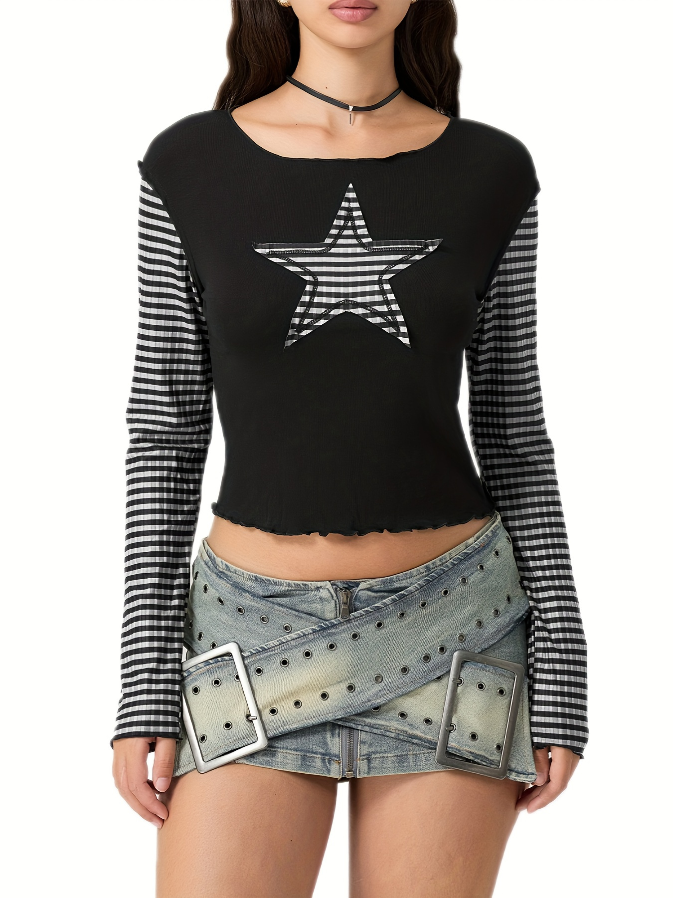 women vintage y2k tops crew neck star stripes long - Temu