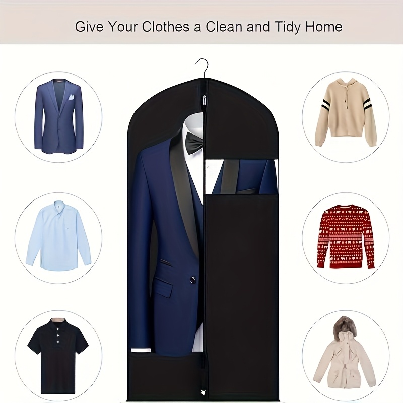 5pcs Black Washable Suit Covers with Transparent Windows for Shirts, Suits, Dresses – Multiple Sizes Up to 55" Length