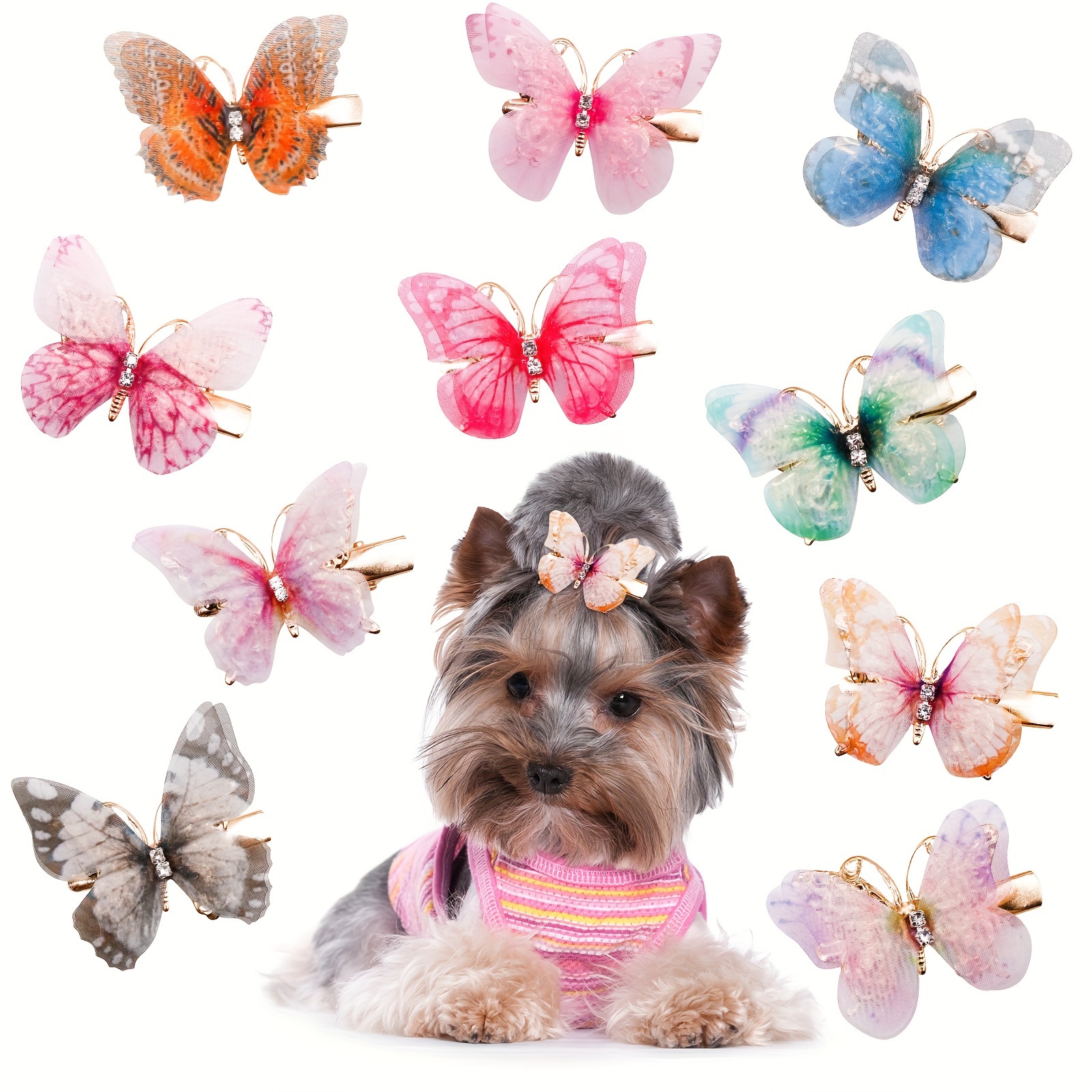 

10-pack Mixed Color Double Layer Sheer Butterfly Hair Clips With Rhinestones For Cats And Dogs - Classic Cute Pet Hair Accessories