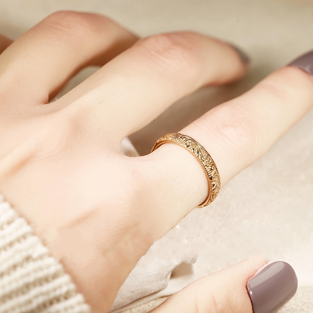 Unisex Exquisitely Carved Copper Ring, Elegant Gift
