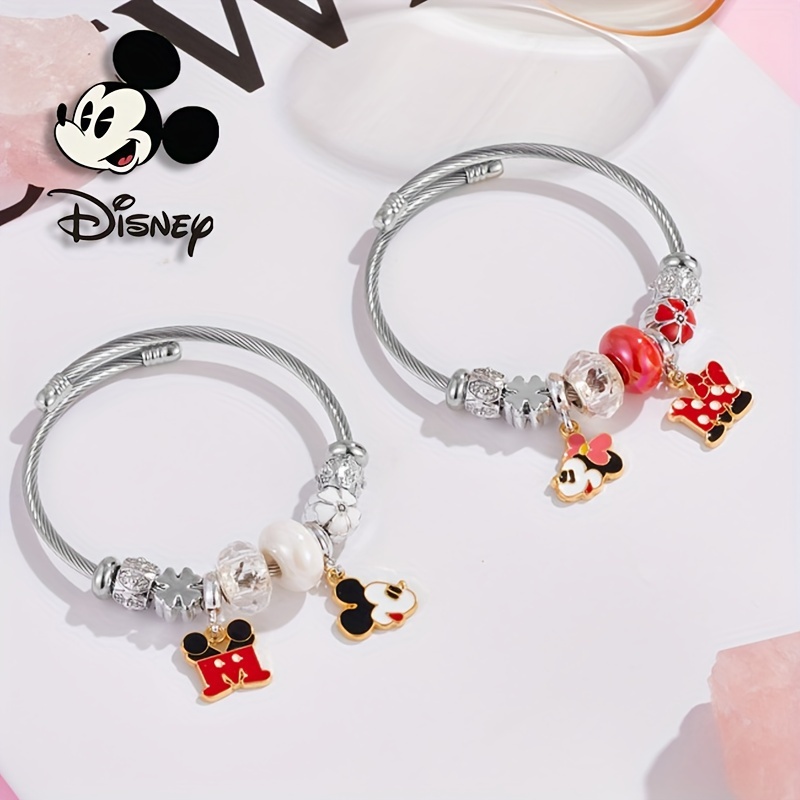 

Officially Authorized 1pc Cute Cartoon Charm Bracelet, Fashionable And Lovely Mickey And Minnie Pendant Elastic Bracelet, Couple Style Adjustable Beaded Bracelet