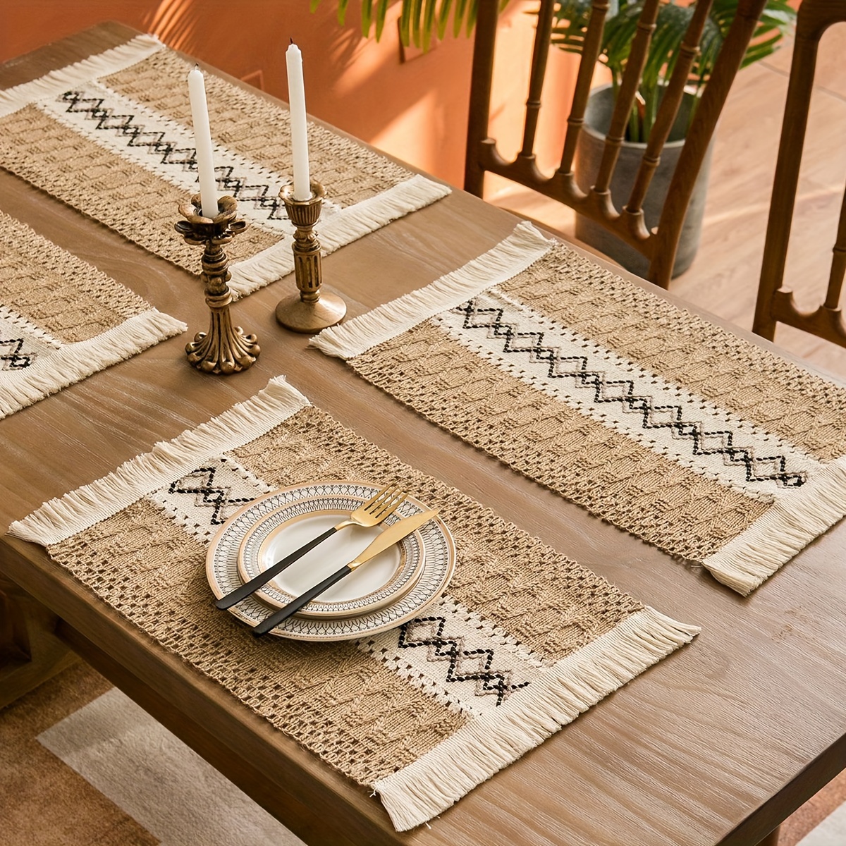 

- 4/6pcs Set - Linen Placemats For Dining & Coffee Tables, -washable, Rectangular Tassels, -, Table For Decor