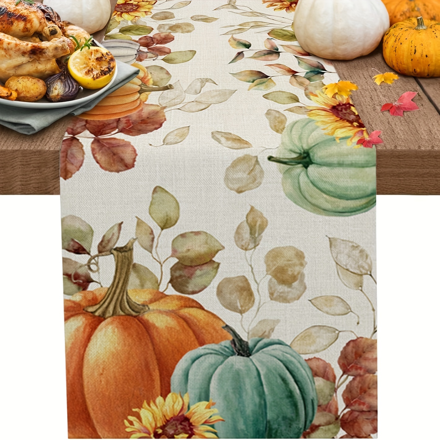 

1pc, Table Runner, Pumpkin And Sunflowers Printed Table Runner, Fall Series Dustproof & Wipe Clean Table Runner, Perfect For Home Party Decor, Dining Table Decoration, Aesthetic Room Decor