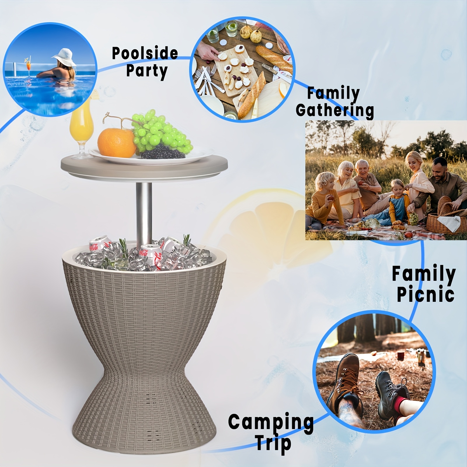 3 in 1 ice bucket combines cooler wine table and coffee table lid 30 l 8 gallon drink storage cans with ice rattan look with any patio furniture decor built in drainage plug beverage cooler drinks ice cold for hours easy to assemble details 5