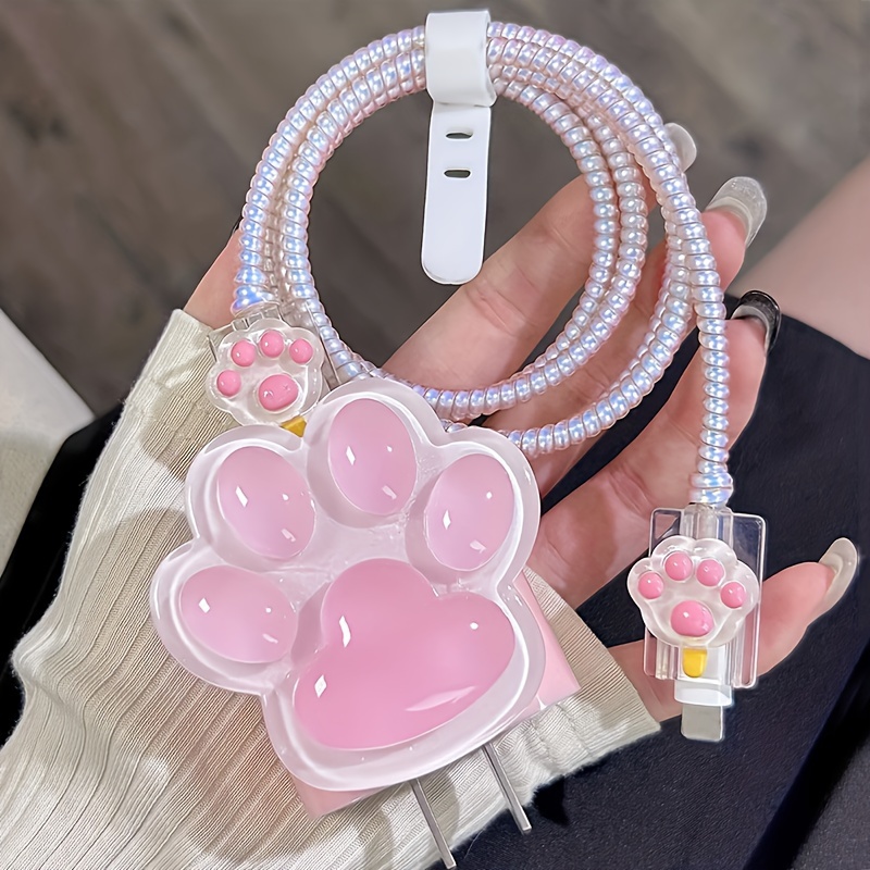 

Tpu Soft Shell Cute 3d Pink Cat Claw Usb Cable Protective Case Suitable For Iphone18w-20w Charger And Data