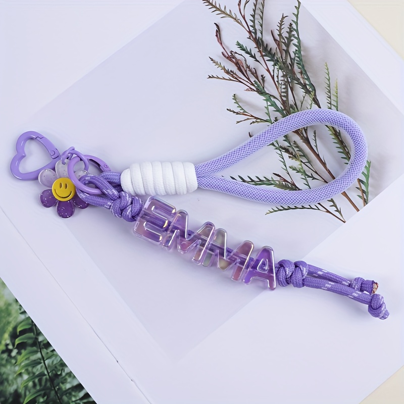 TEMU A Cute Floral Letter Knot Custom Keychain, Of A Lanyard, Letter Beads, And Transparent Flowers. In Multiple Colors. Custom Letters, Custom