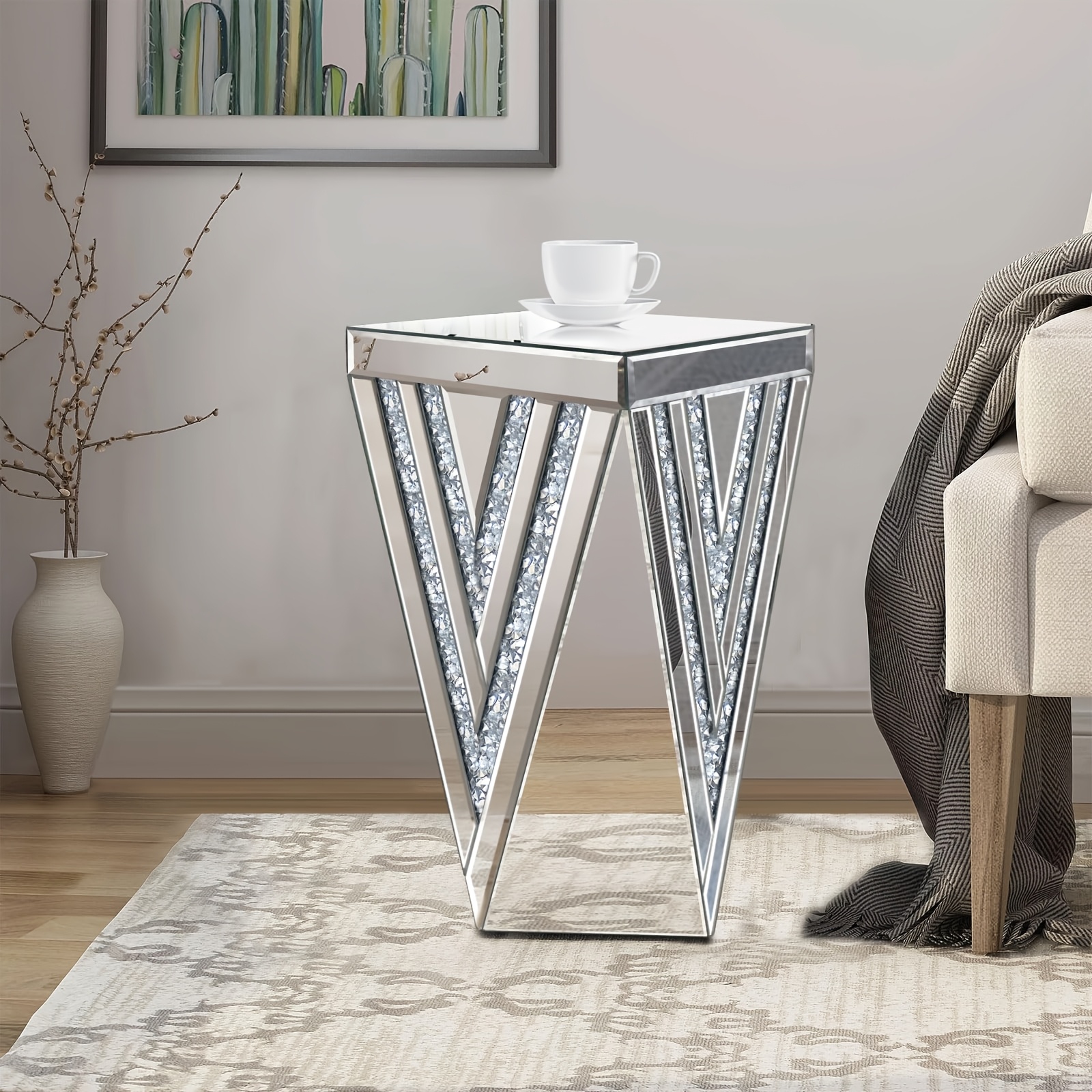 20-inch High Silvery Mirror Coffee Table, Crystal Inlaid Side Table, Small Mirrored Coffee Table, Suitable For Living Room, Sofa Area, Bedroom And Corner Space