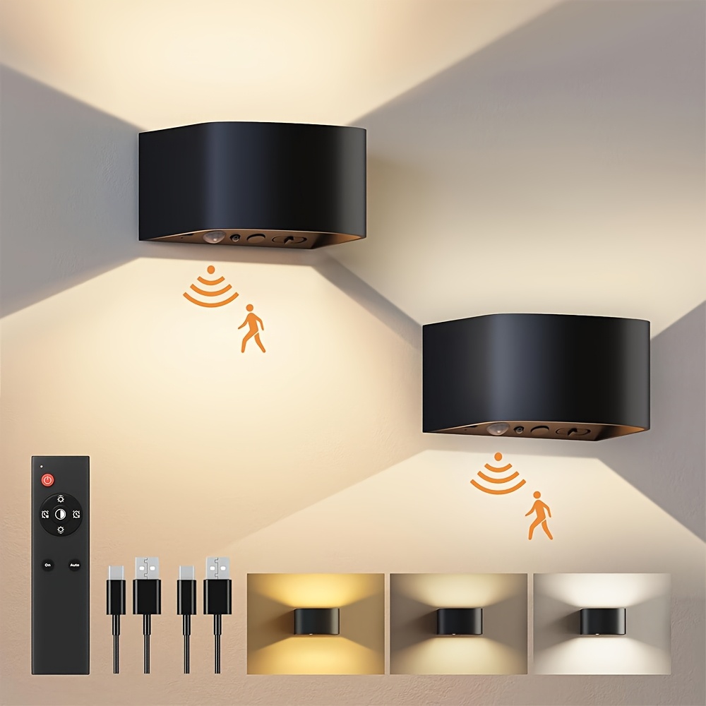 [2 Stück] Akku-Wandlampe für den Innenbereich mit Bewegungssensor, Fernbedienung, 3 Farben, Wandlicht, LED-Wandleuchte für den Innenbereich mit Auf- Abstrahlung, 3 * wiederaufladbare Akku-Wandlampen,