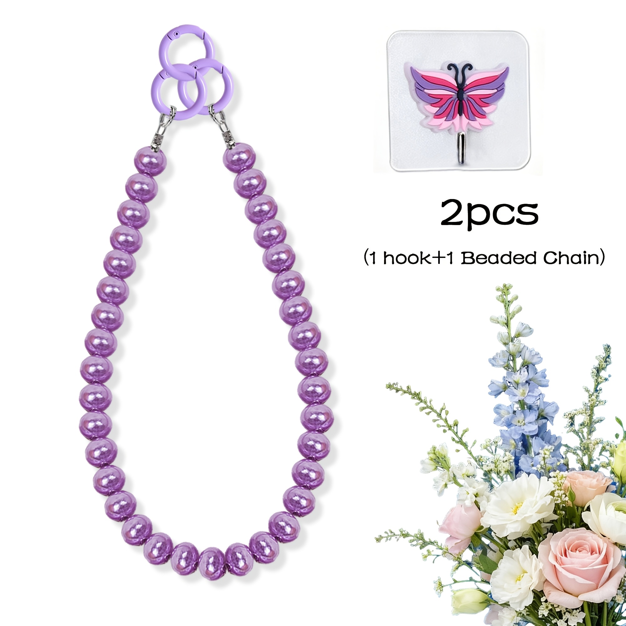 TEMU Dopamine Beaded Tissue Holder, 2pcs 1hook And 1 Beaded Chain, Cute No-drill Toilet Paper Stand, Bathroom Tissue Storage Rack