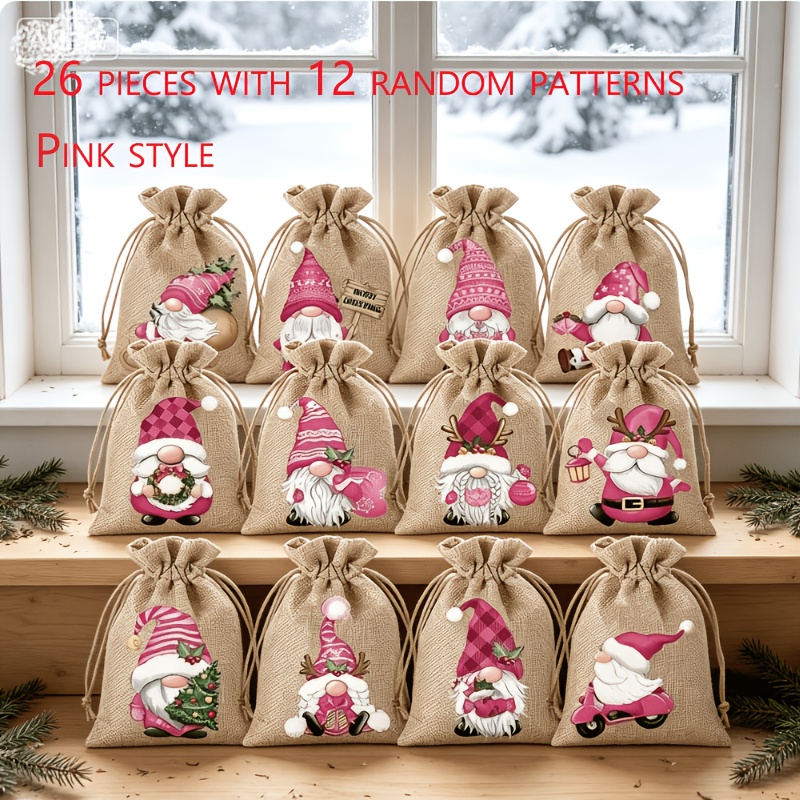 TEMU Gift For Her/him 26-pcs Christmas Party Drawstring Gift Bags, Jute-colored Drawstring Bags With 12 Christmas Gnome Pattern Prints In Pink, Blue,
