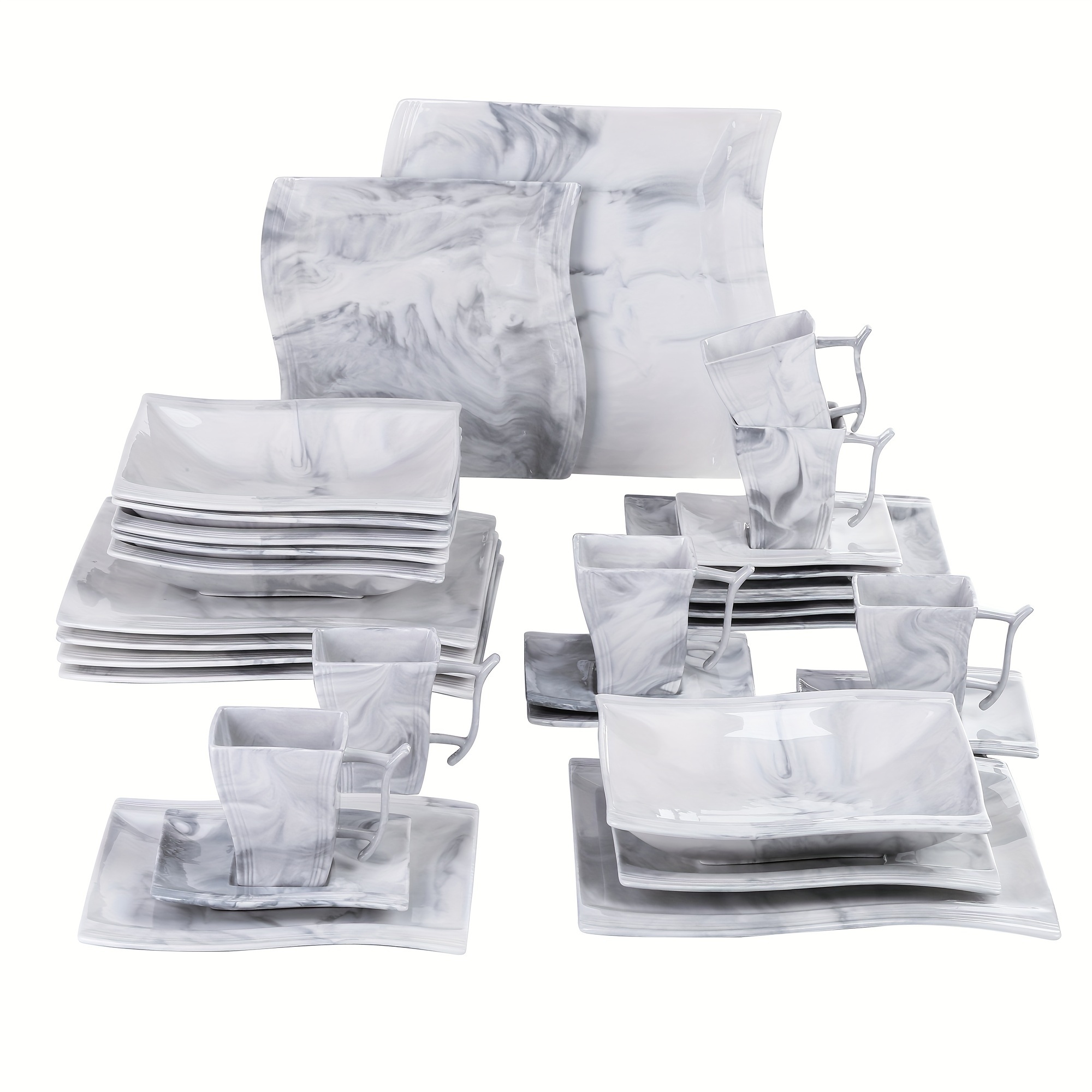 E-shop 30-teiliges Geschirrset Marmor Grau Porzellan Geschirr Set Inklusive Teller Dessertteller Suppenteller Tasse und Untertasse Set für 6 Personen