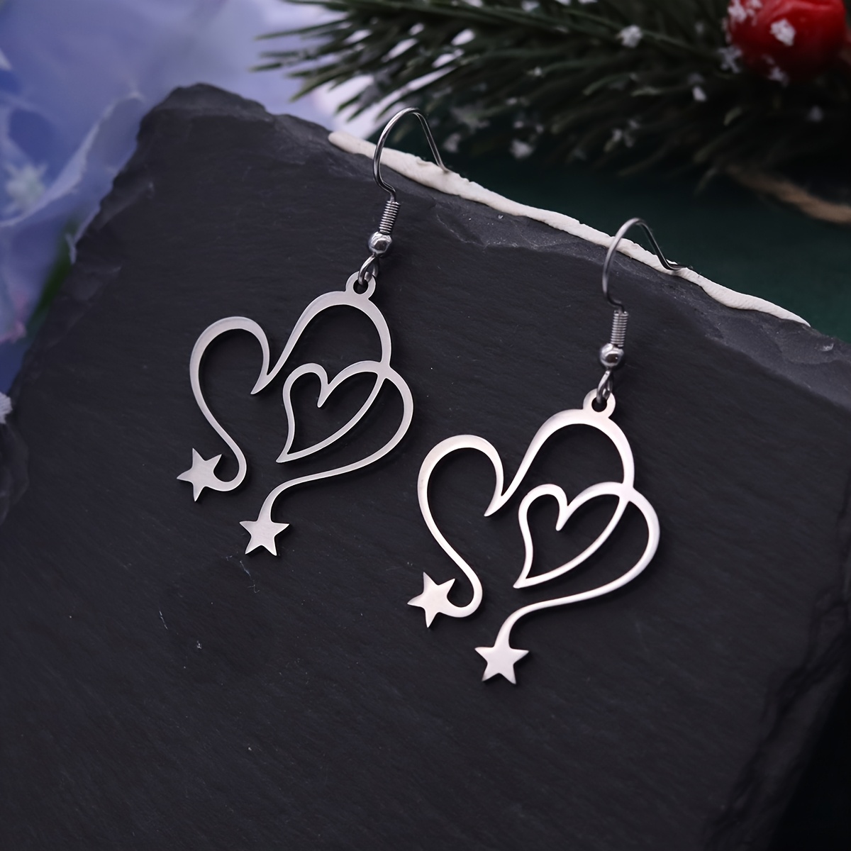 Intertwined Heart Star Dangle Earrings, Minimalist Love Design