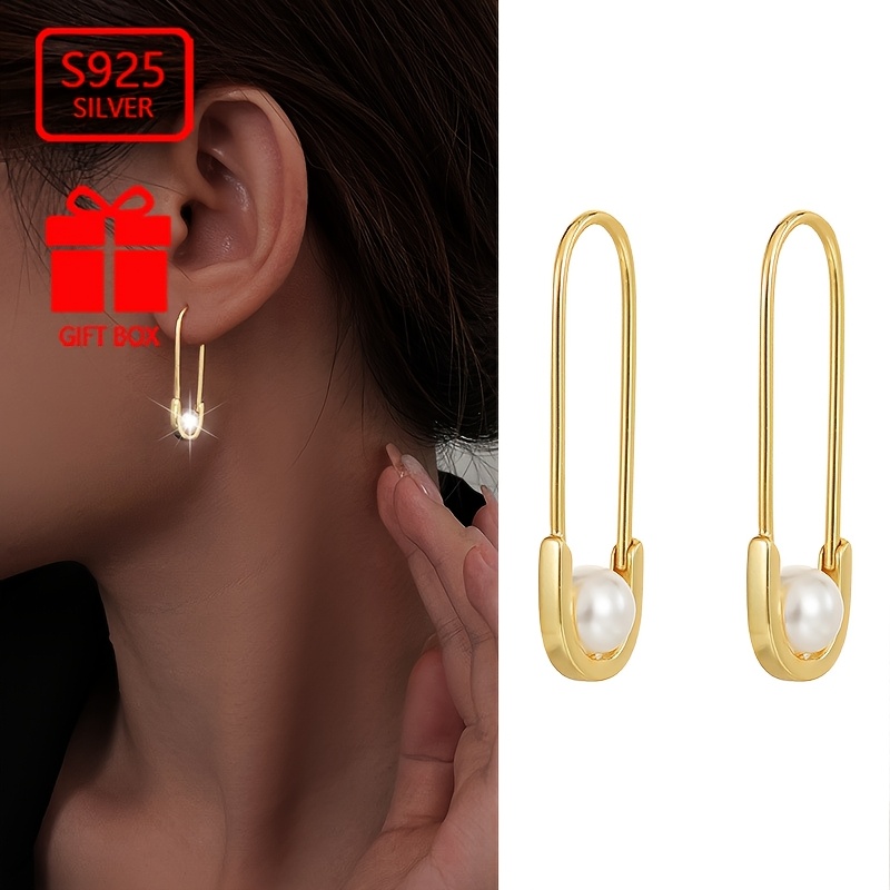 

2pcs Vana Women' Hoop Earrings, 925 Silver Safety Pin Design With Pearl, Luxurious Korean Style, & Gift, 2g Total Weight