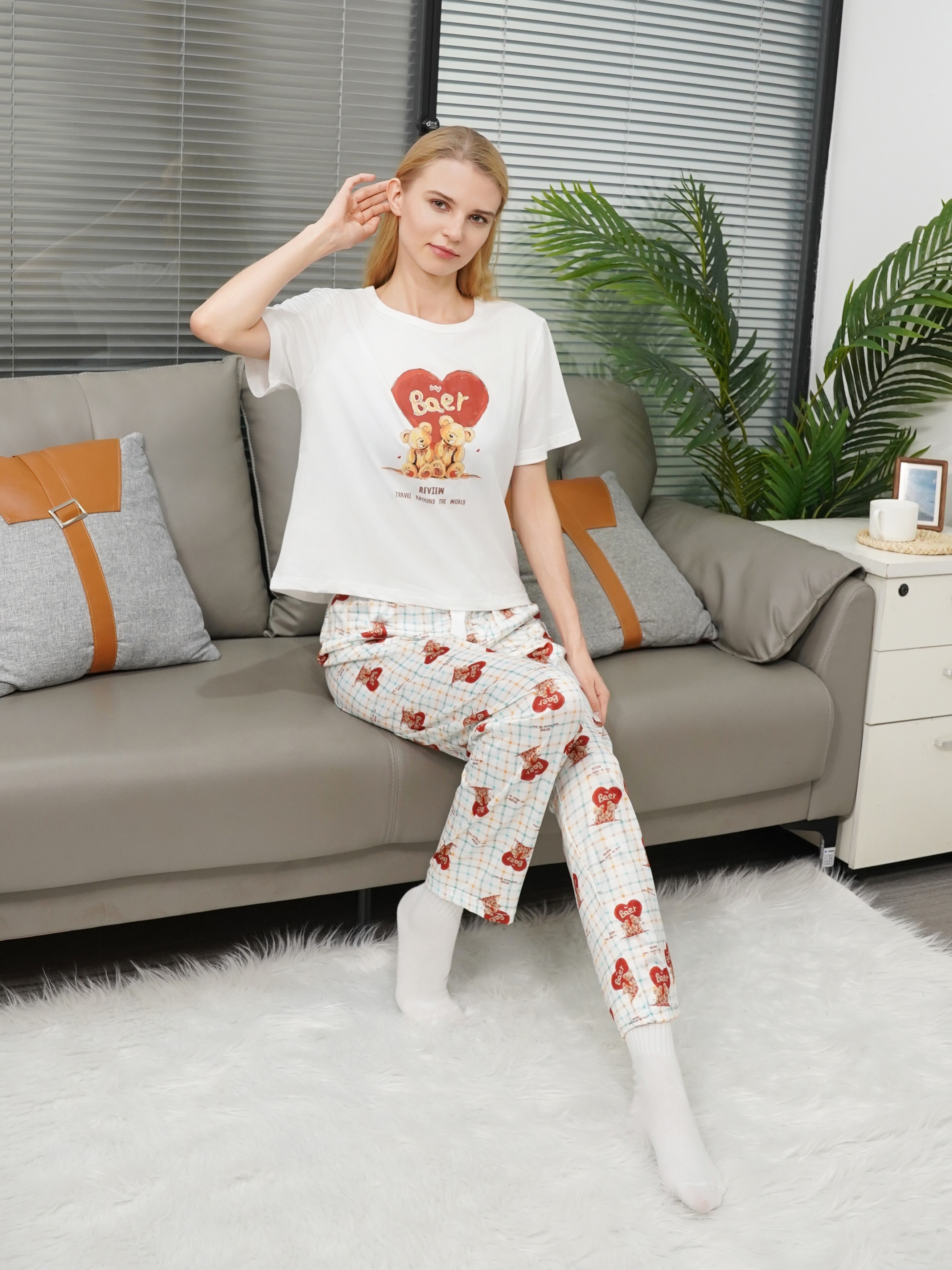 Letter Plaid Heart Print Pajama Set Comfort Sleeveless Tank - Temu