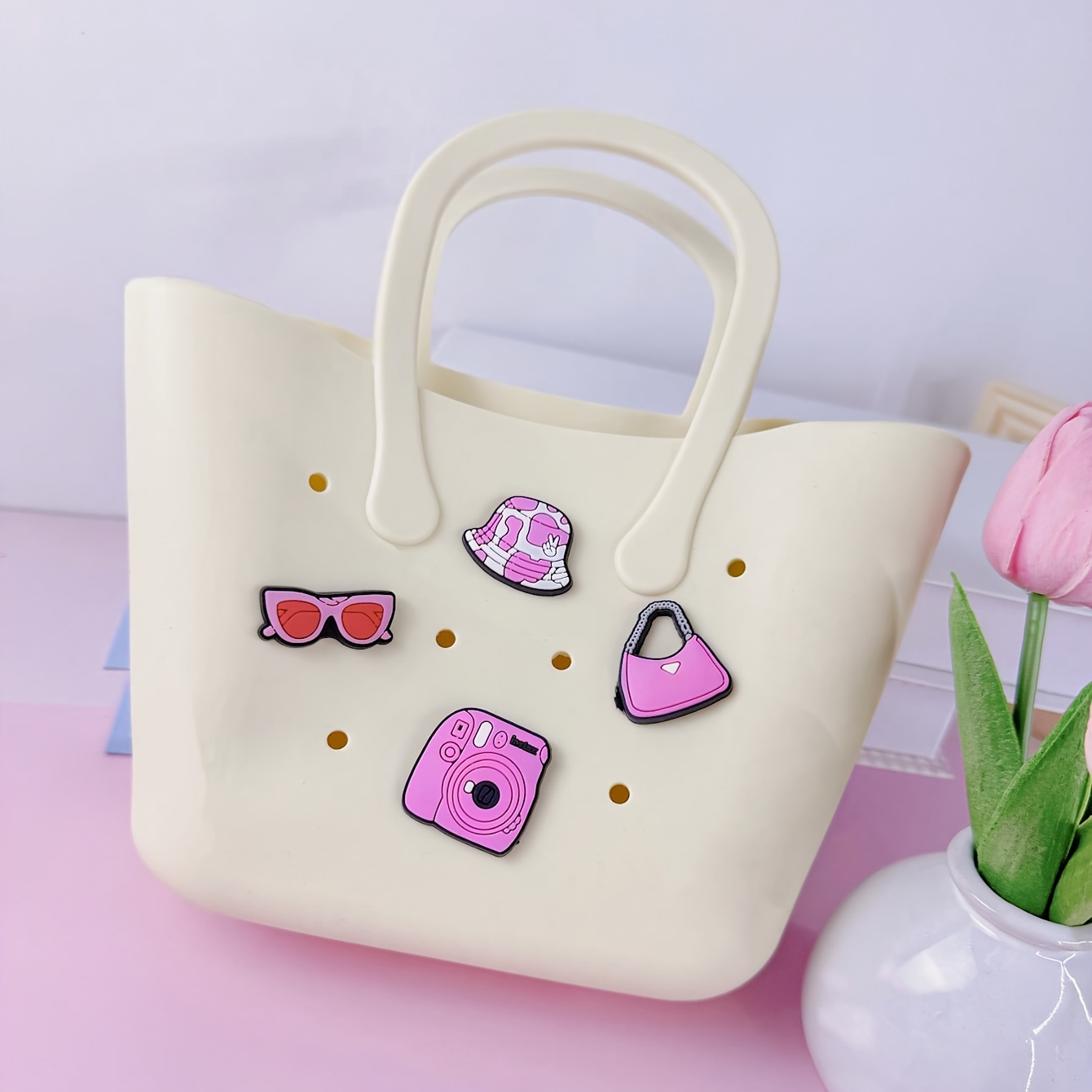 TEMU 1 Solid-color Diy Pegboard Tote Bag   4 Cartoon , Suitable For Bathroom, Beach, Dinner Parties, And
