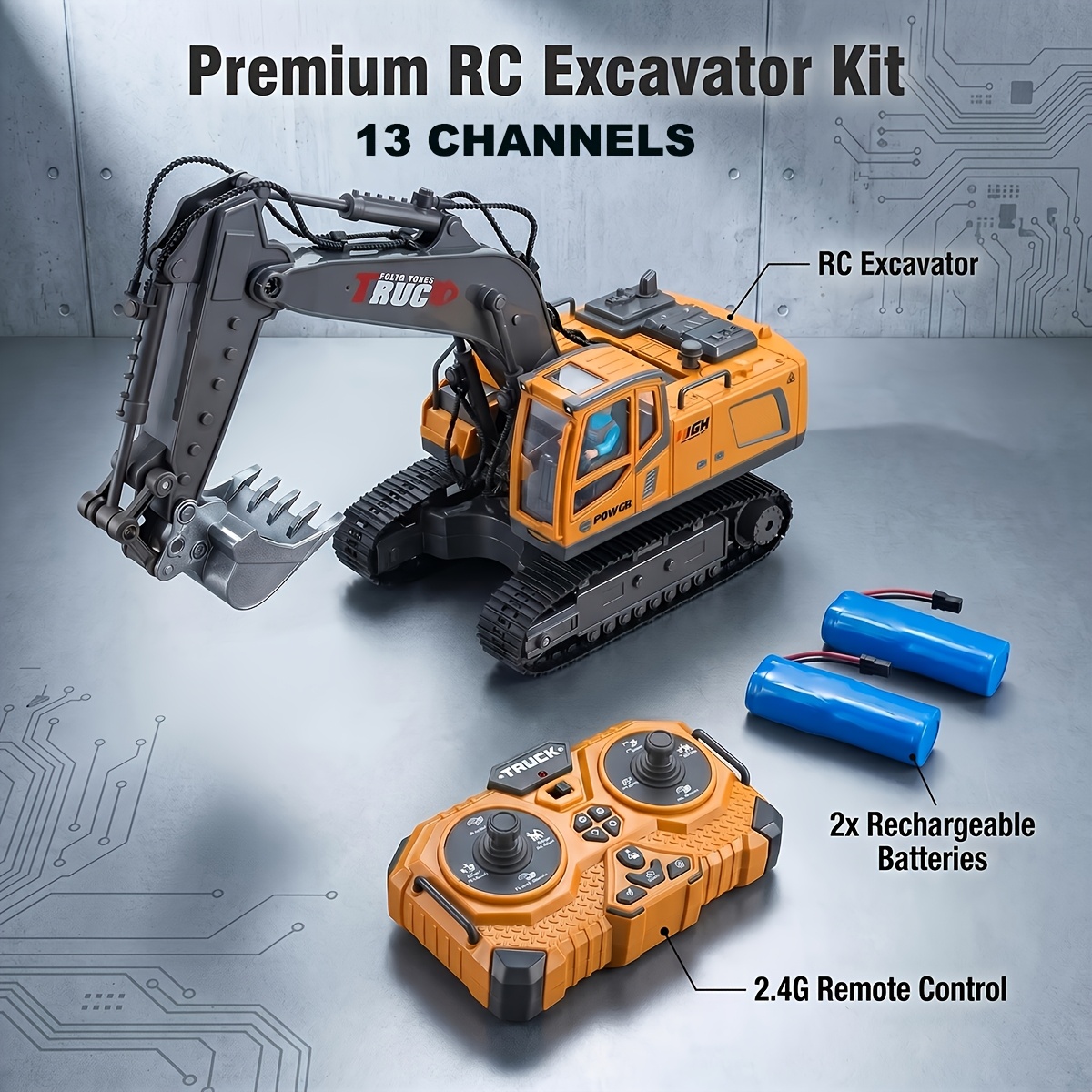 Image of Versatile 13-channel Construction Vehicle Alloy Frame, Dual Rechargeable Packs, Mist Spray Effect, 360° Rotating Cabin, Drive & Functions, Suitable For Indoor Tiles And Outdoor Dirt/sand, 25x19x10.5cm