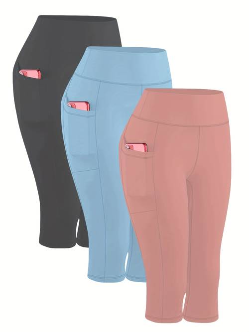 3pcs set of high waist side pocket capri yoga leggings