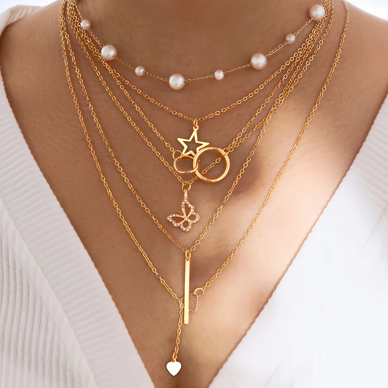 5pcs/91pcs/set Fashionable and Elegant Love Butterfly Five-pointed Star Imitation Pearl Multi-Element Necklace Bracelet Ring Earrings Earrings Five-in-One Jewelry Multi-Set High Value Gift Quick Delivery Halloween Christmas Valentine'S Day Best Choice No Box