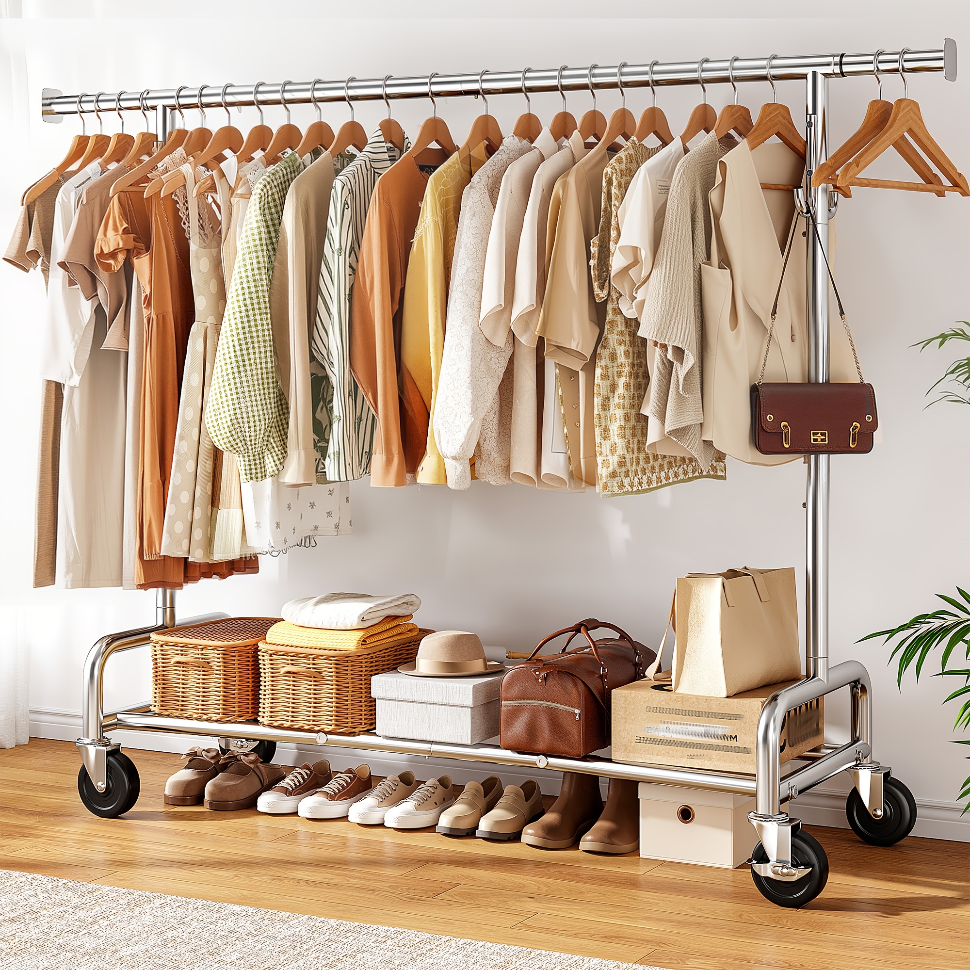 Metal Clothes Rack On Wheels 150kg Heavy Duty Extendable Hanging Clothes Rail Sturdy To Use & Easy To Move