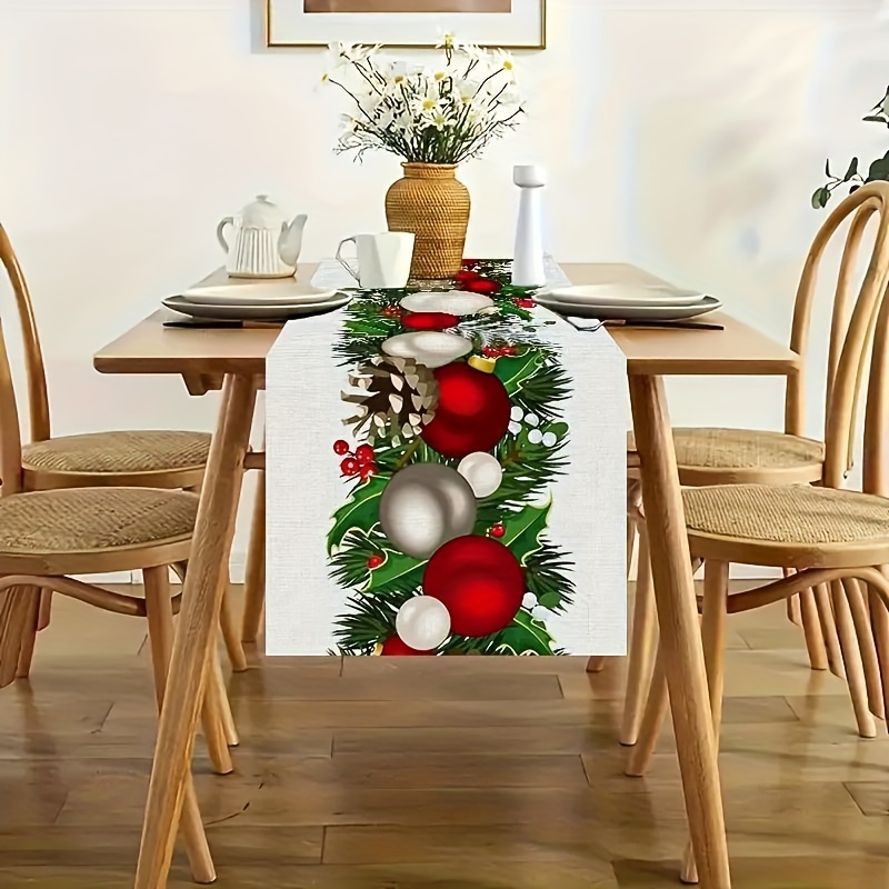 

Festive Christmas Table Runner: 1pc, Rectangular, Polyester, Christmas Balls And Pine Cones Design, Perfect For Holiday Decor