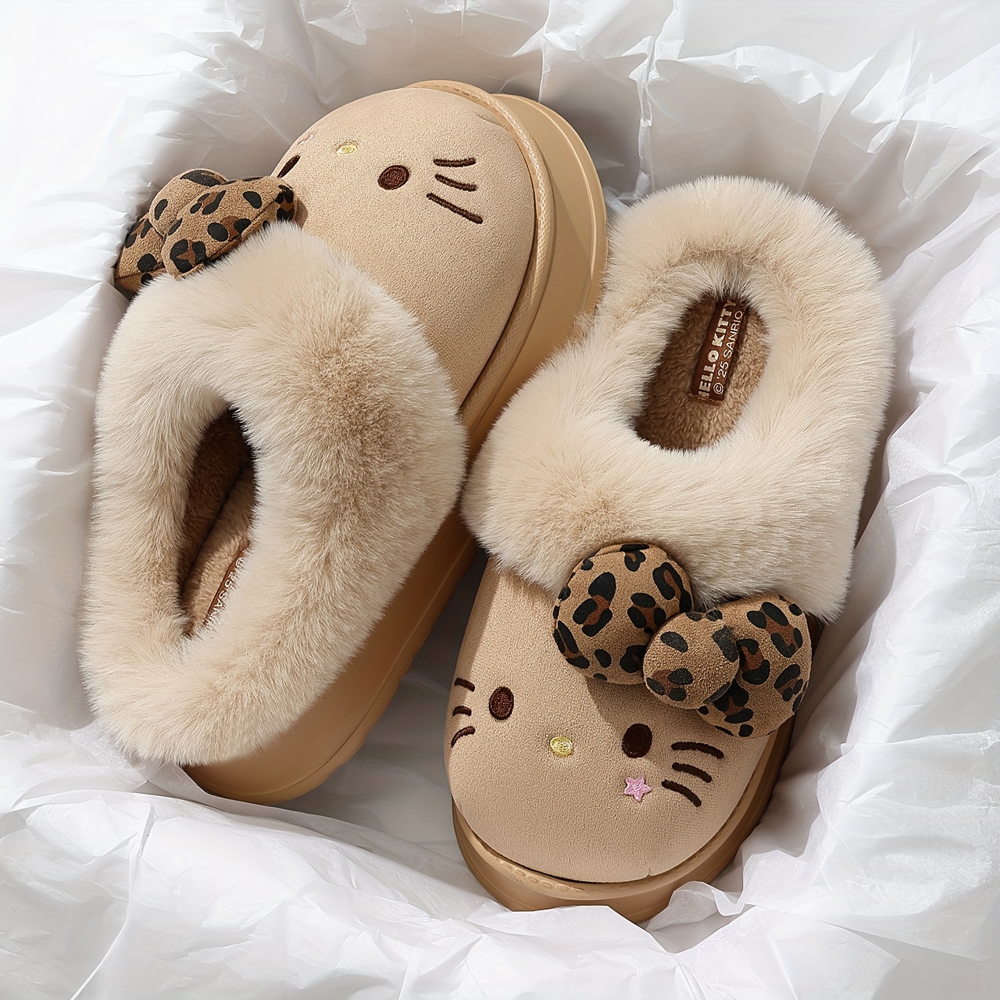 Image of Hello Kitty Cartoon Leopard Print Slippers Thick Bottom Non-slip Women's Slippers Winter Warm Plush Bedroom Slippers Cute Plush Slippers Women's Gift , Women Shoes