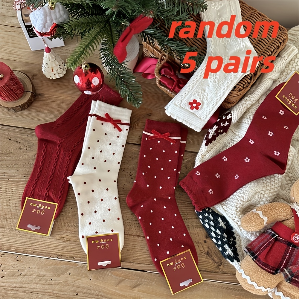 Image of 5 Pairs Of Random Mixed Color Women's Winter Celebration Versatile Bow Red Socks With Polka Dot Center Tube Pile Socks