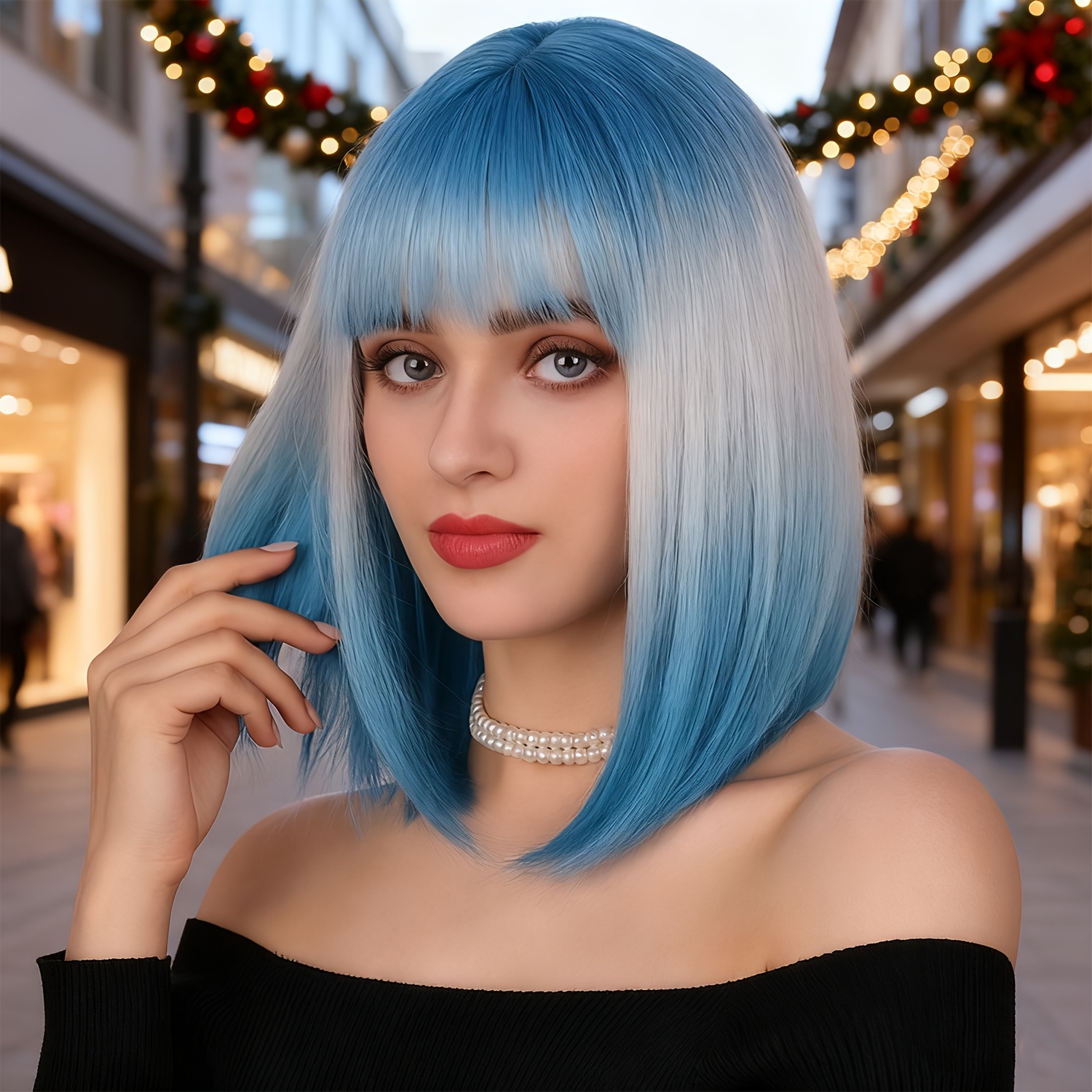 TEMU Short Bob Wigs In Blue And White Ombre With Straight Hair And Bangs, Everyday Wear