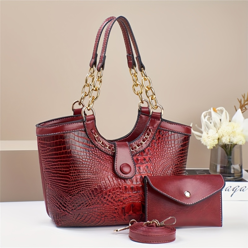 TEMU 2pcs Pu Crocodile Embossed Women's Bag Set, Made Of High-quality Hardware And Materials, Suitable As A Shoulder Bag Or Crossbody Bag For Gifts